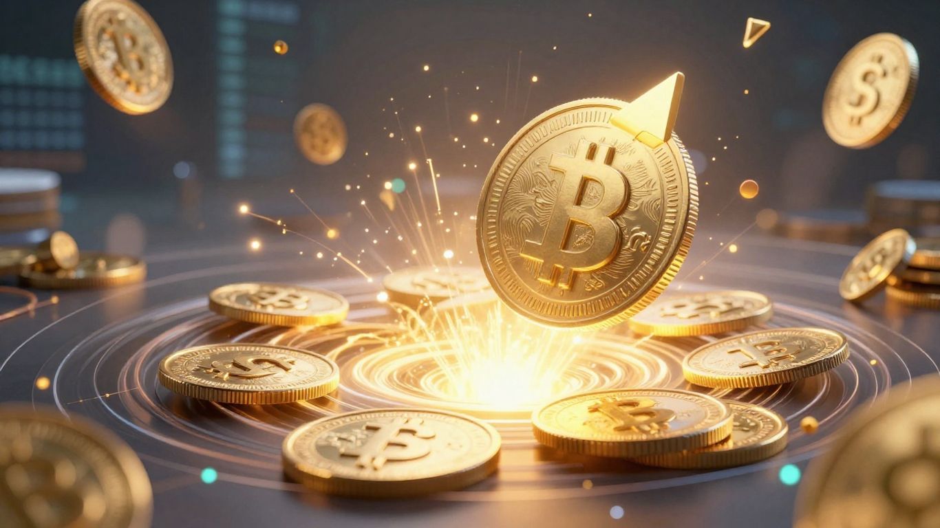 Golden coin emerging from digital currency vortex, financial growth.