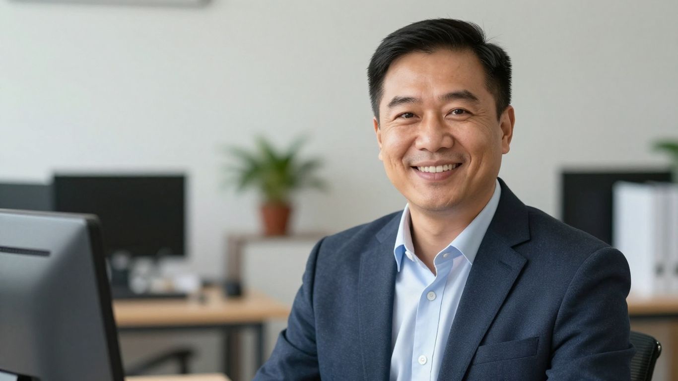 Tax advisor smiling confidently in an office setting.