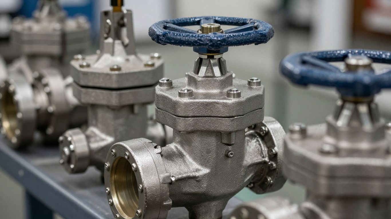 Diverses vannes industrielles en gros plan, textures métalliques.