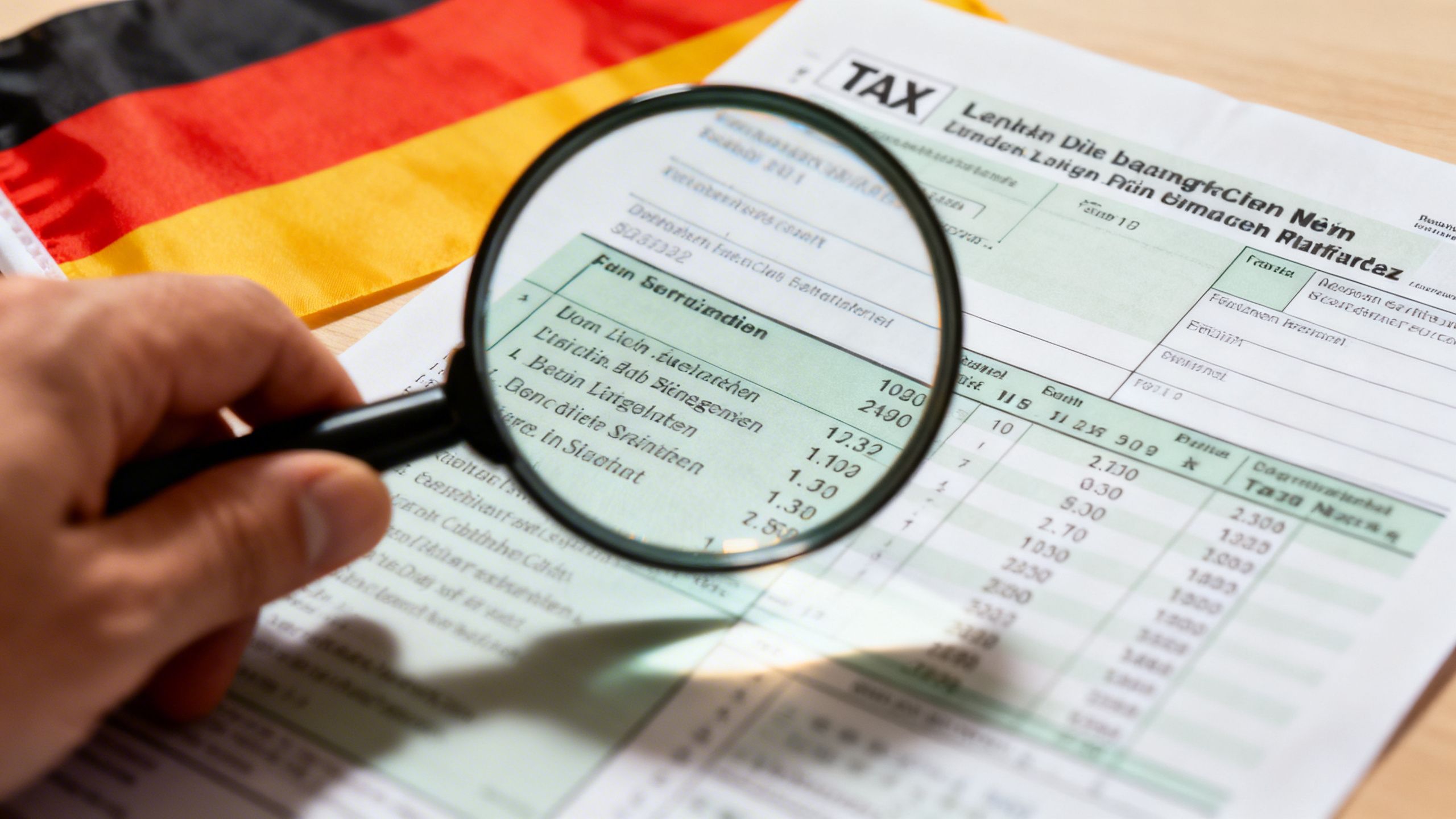 Magnifying glass over German tax document with flag.