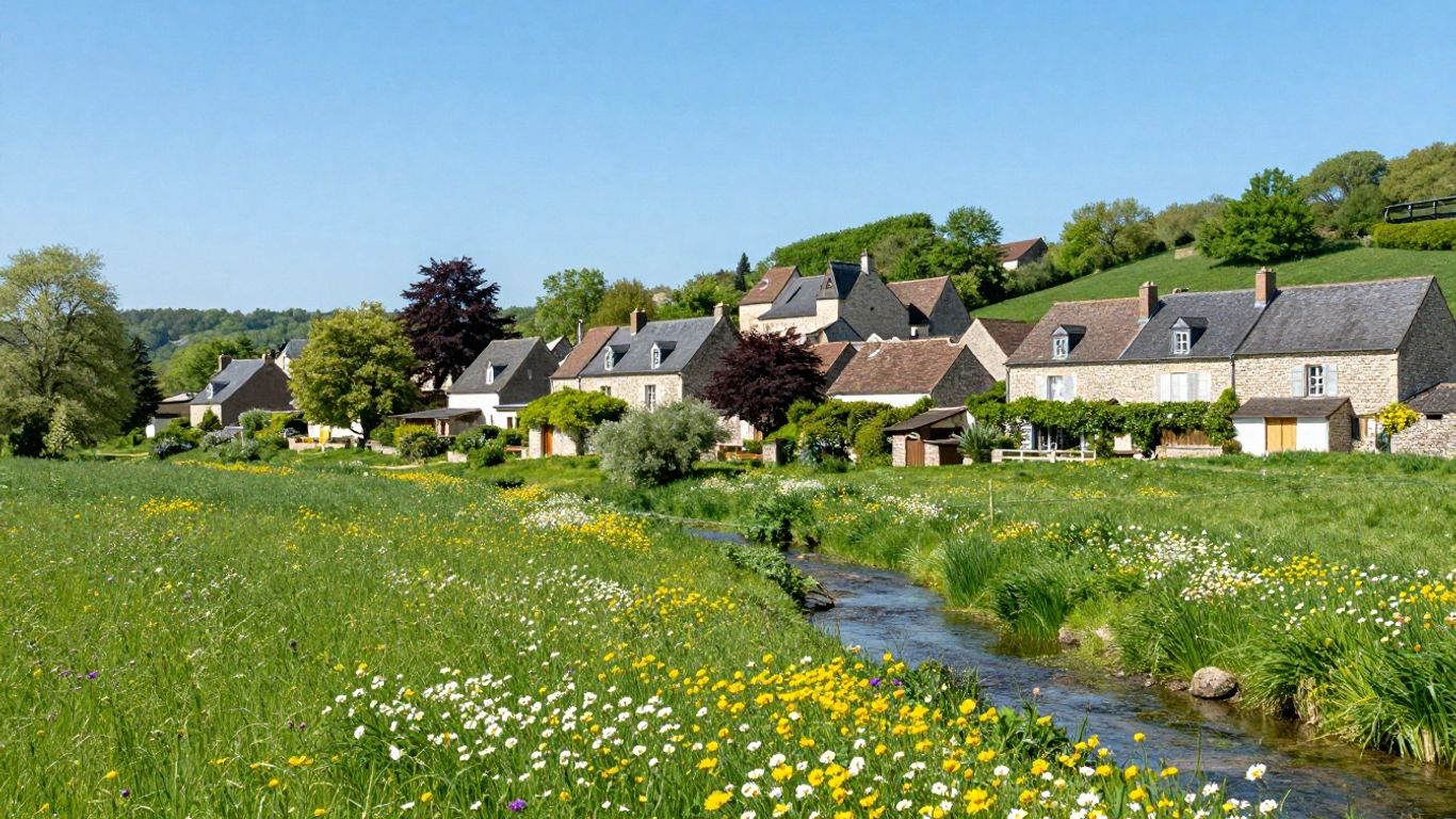 Blooming wildflowers in a French countryside landscape.