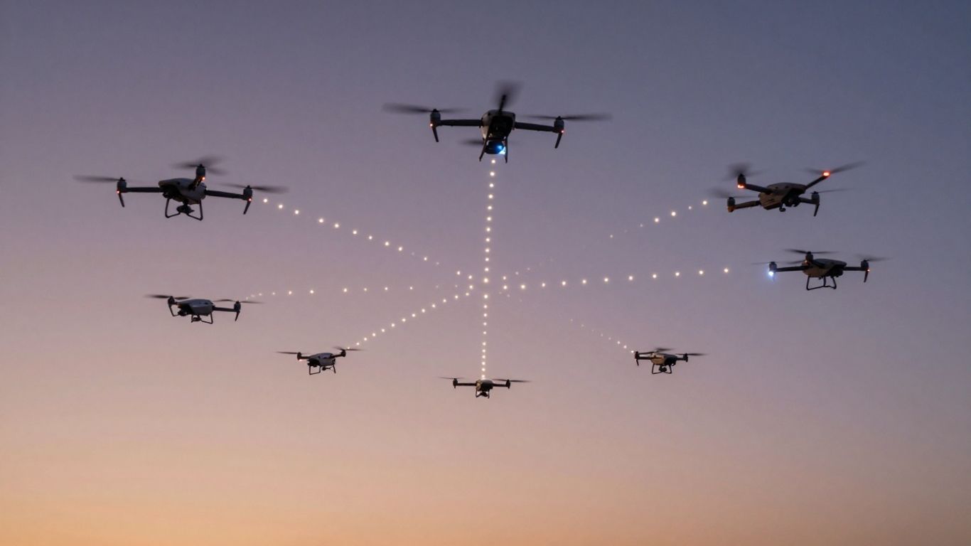 Drones in formation flying in the sky.