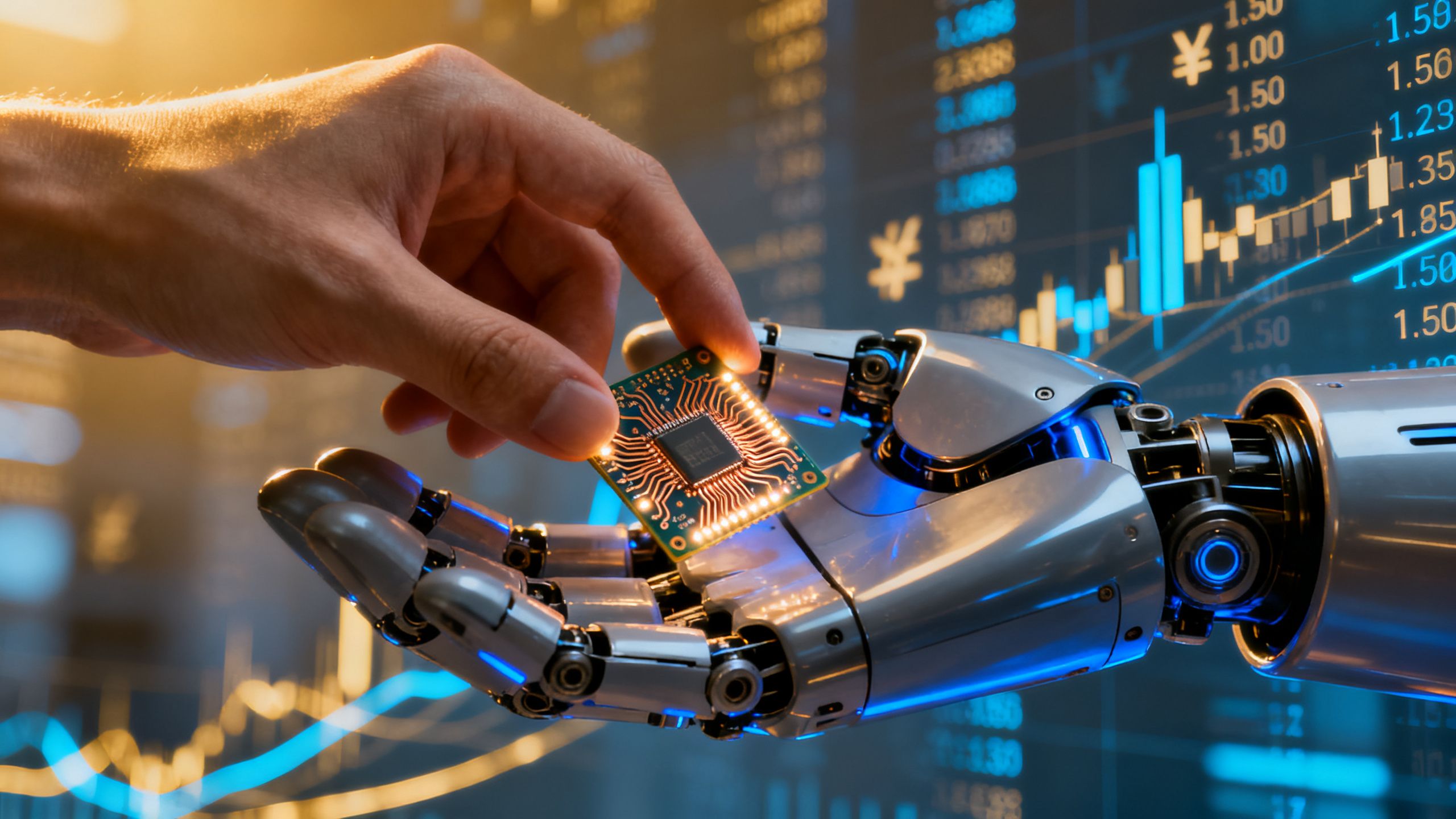 Human hand and robotic hand interacting with technology.