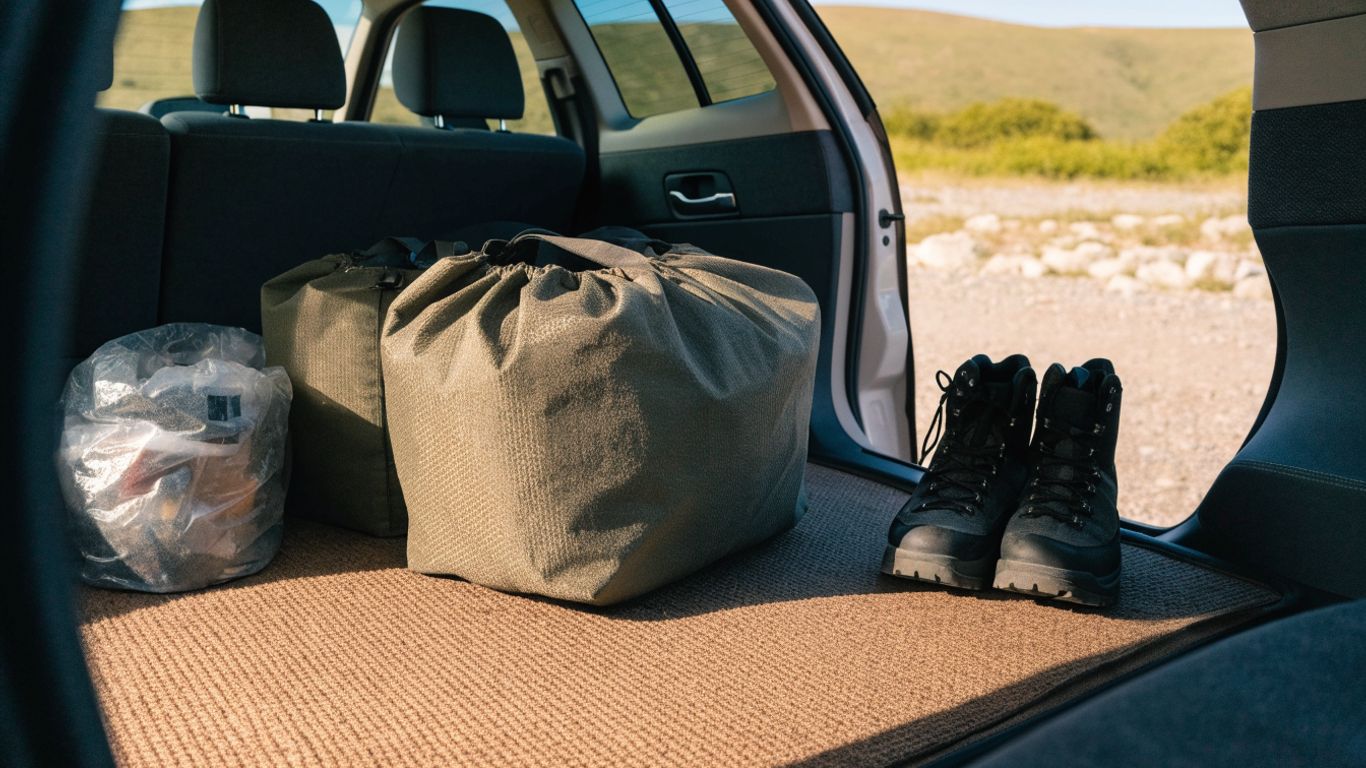 Travel bags and outdoor gear arranged in a protected cargo area