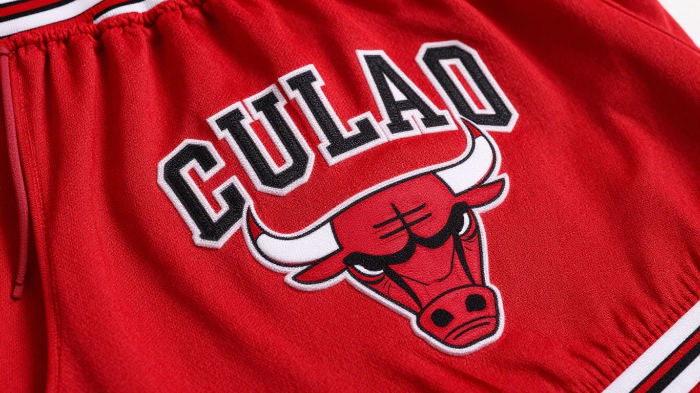 Pantaloni Chicago Bulls roșii cu logo-ul echipei.