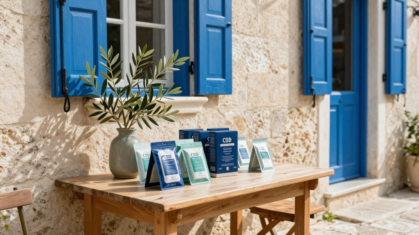 Greek pharmacy exterior and CBD product packaging weed in Corfu