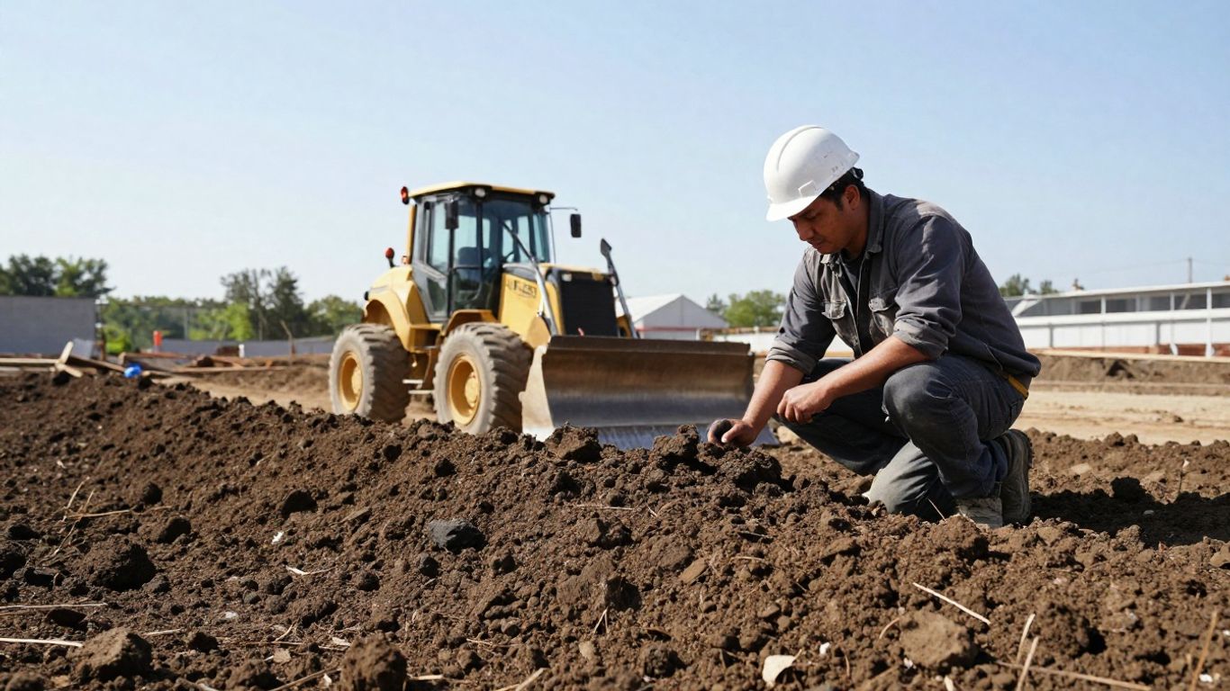 Construction worker inspecting soil at a building site.