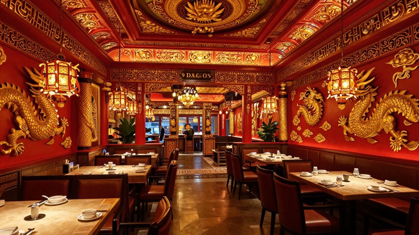Opulent 9 Dragons restaurant interior at Brook Hotel.