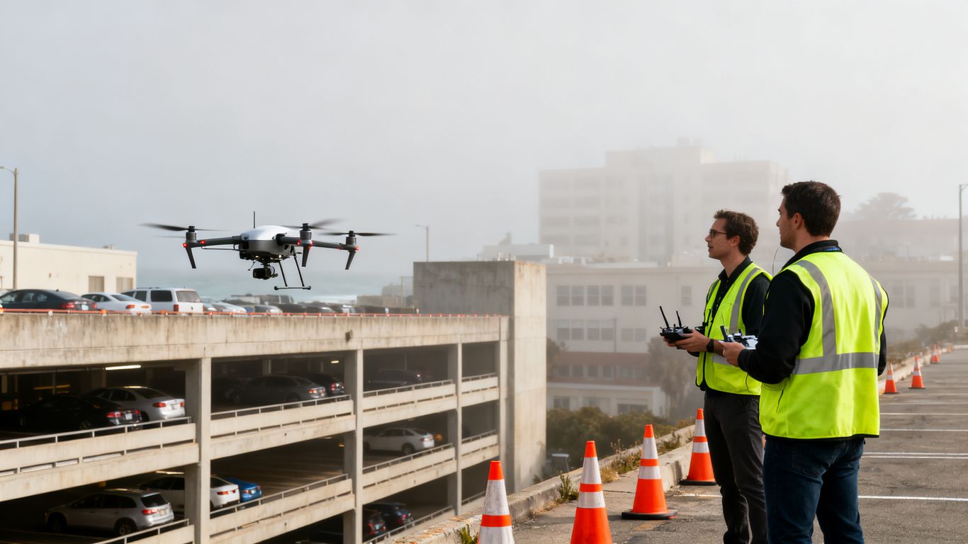 Drone inspection over busy Bay Area parking structure