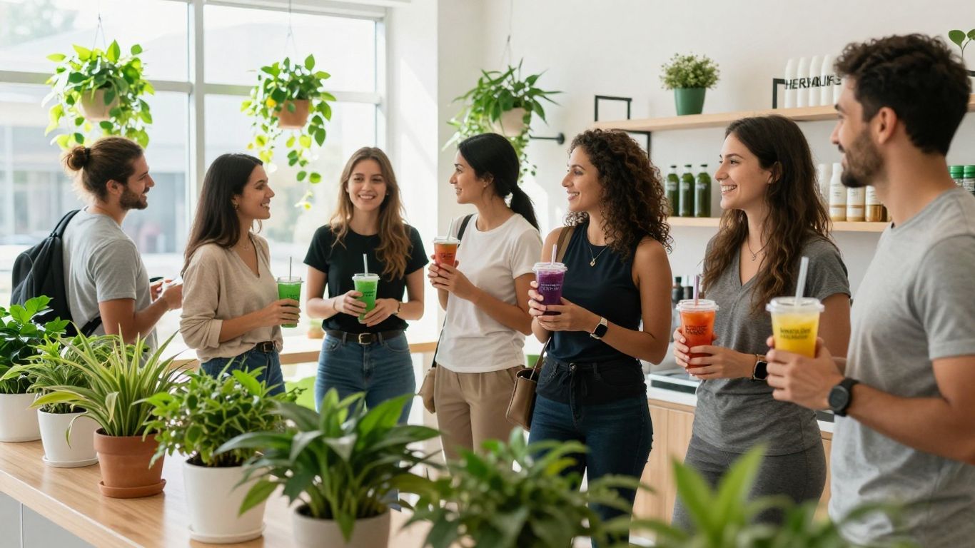 Herbalife Nutrition club interior with people enjoying shakes.