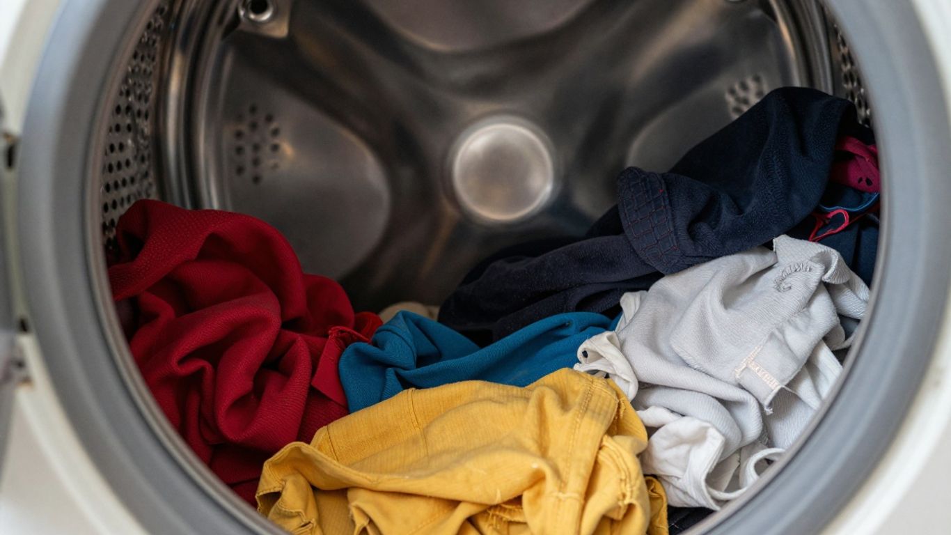 Damaged clothes in a washing machine drum.