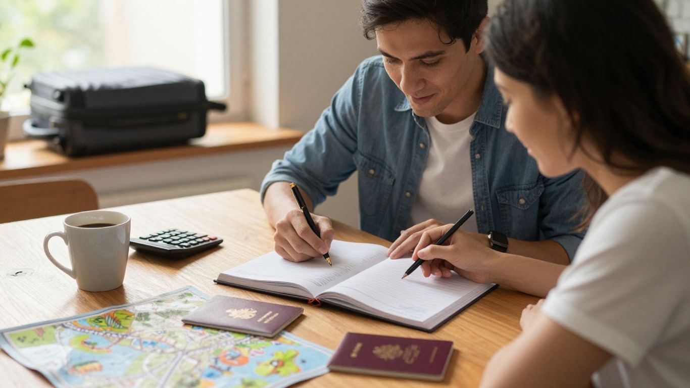 Couple reviewing vacation costs beside travel maps