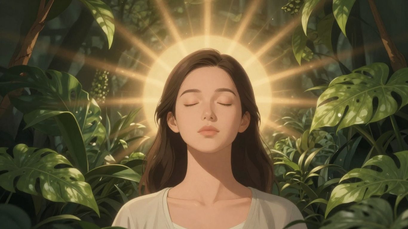 Woman meditating with light and plants