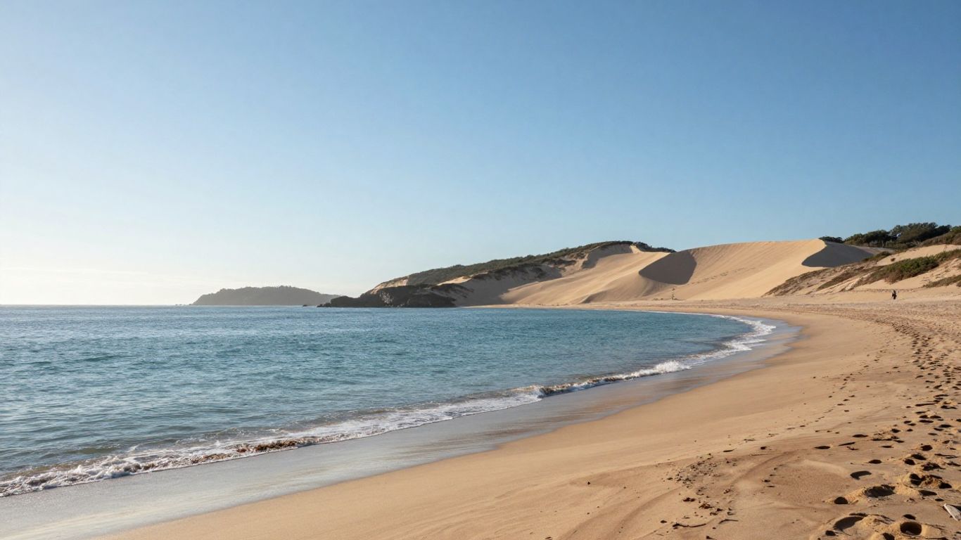 Sunny beach near the large wooden forest