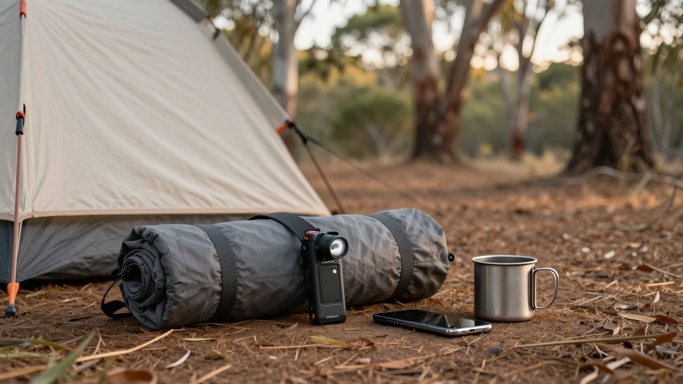 Portable lithium battery beside camping equipment