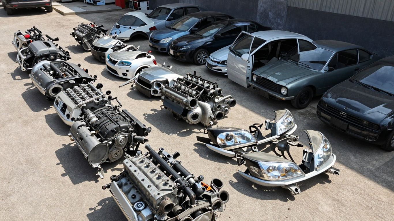 Chery spare parts in a wrecking yard.