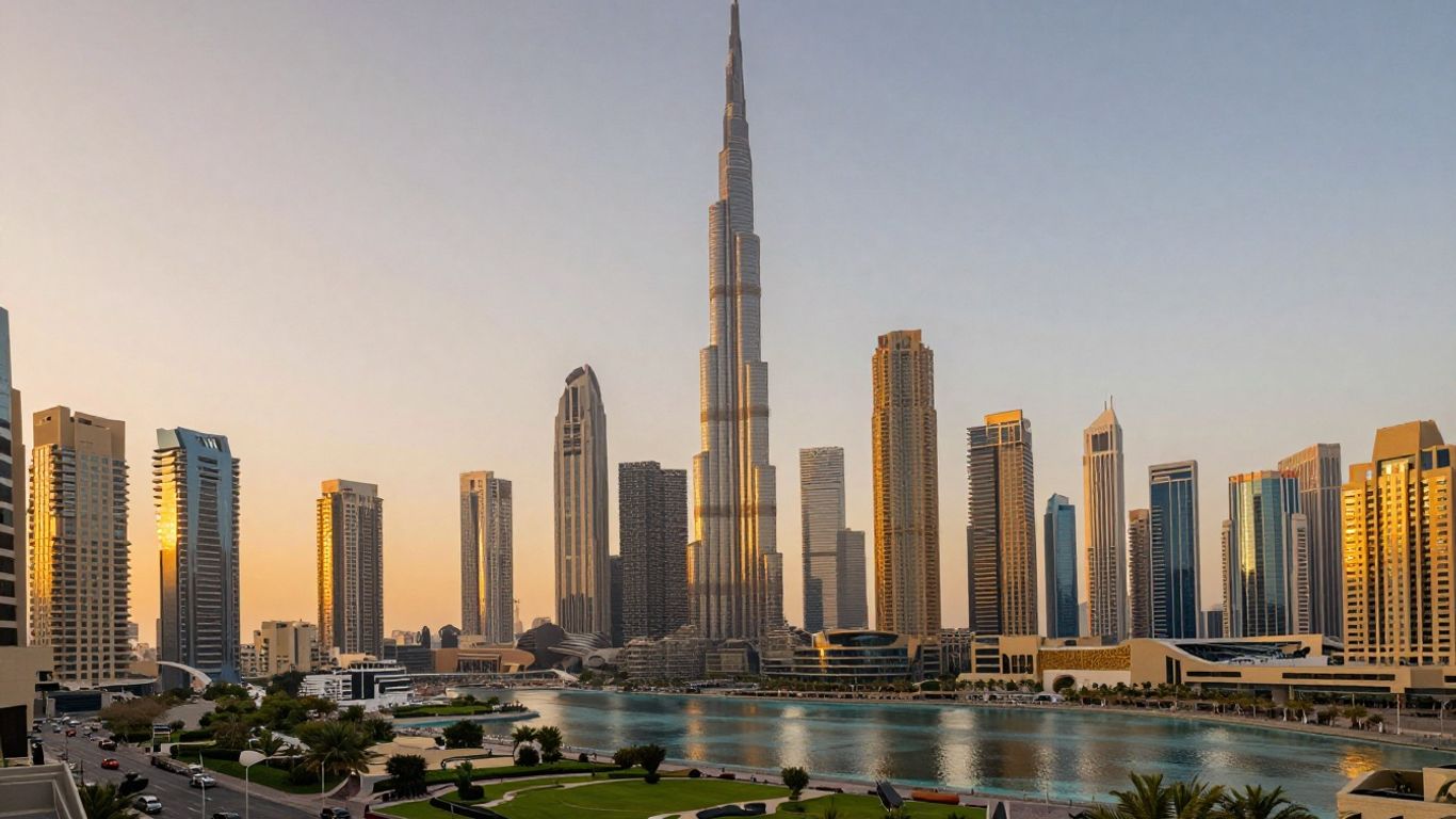 Dubai skyline with skyscrapers and water at sunset.