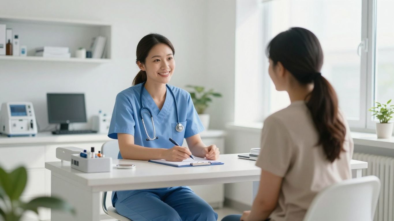 Healthcare professional assisting a patient in a clinic.