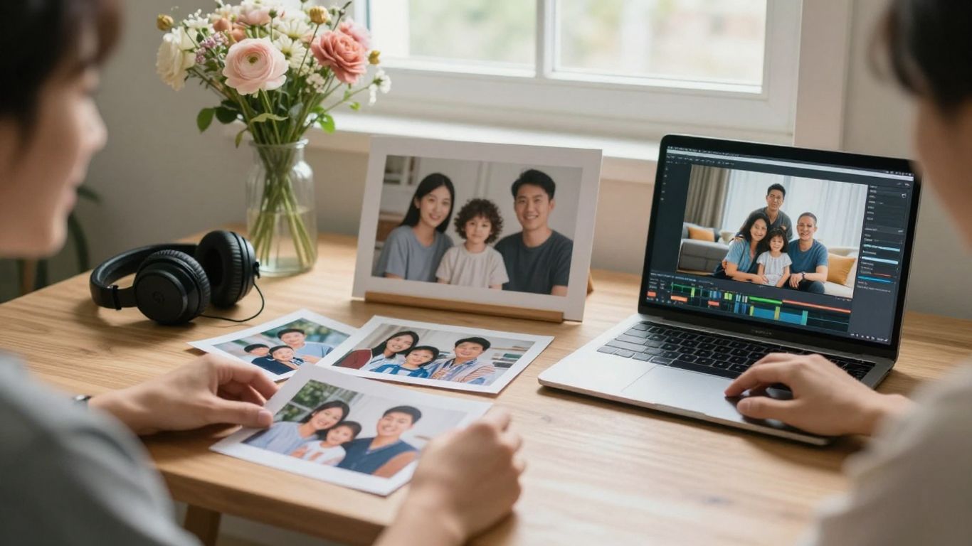 Family photographs arranged beside headphones and flowers