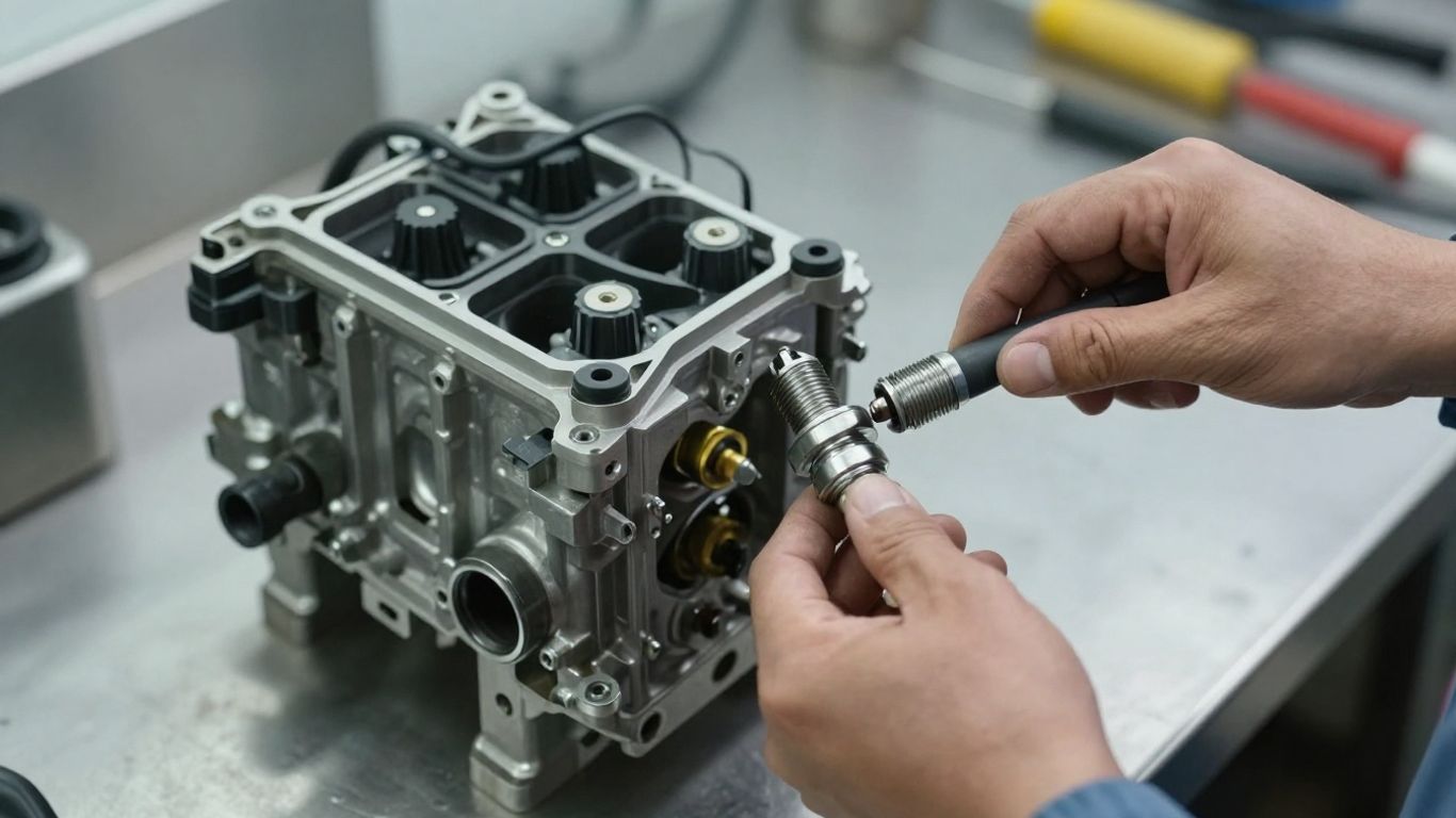 Technician installing spark plugs in engine
