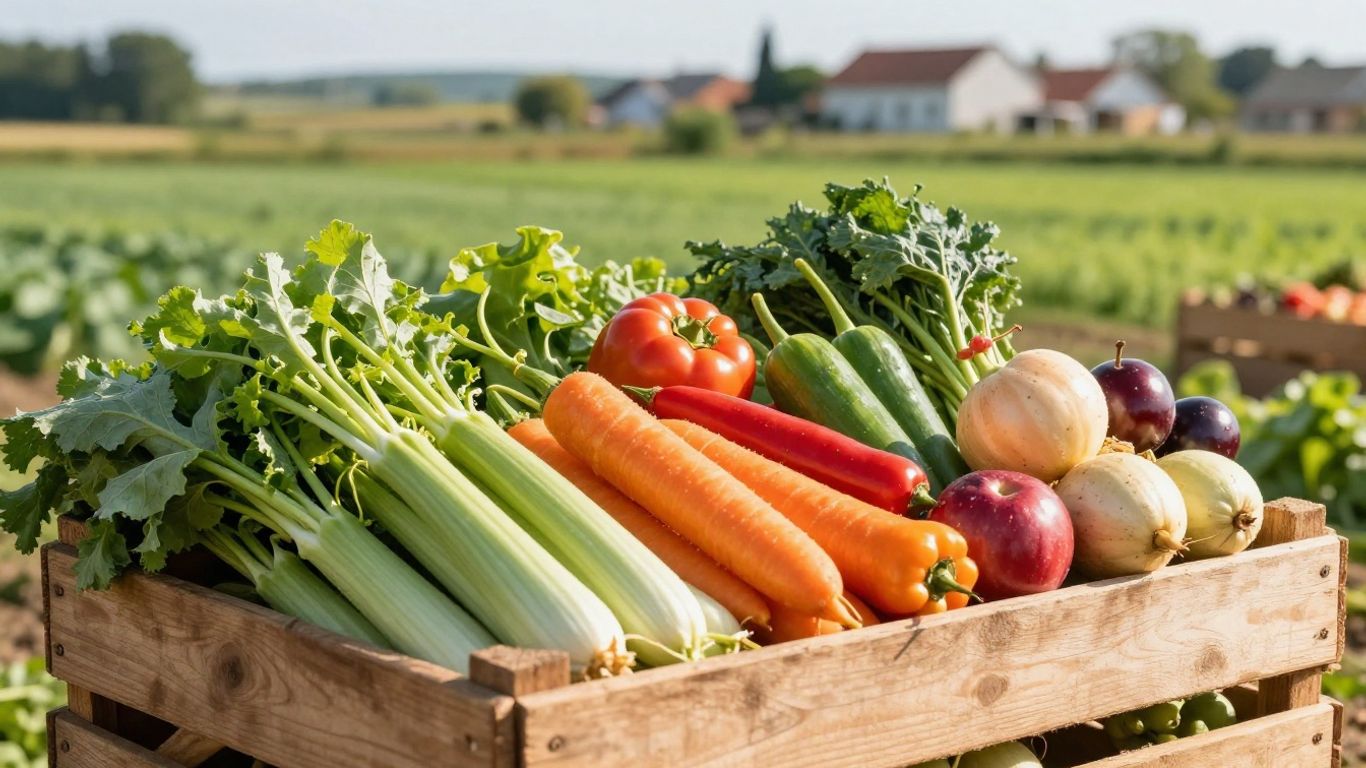 Légumes et fruits locaux dans des caisses en bois.