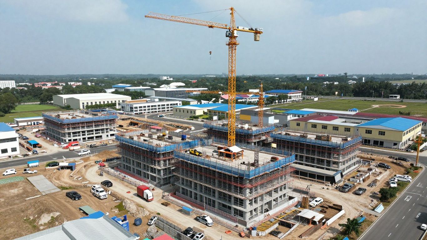 Drone surveying construction site with digital twin overlay