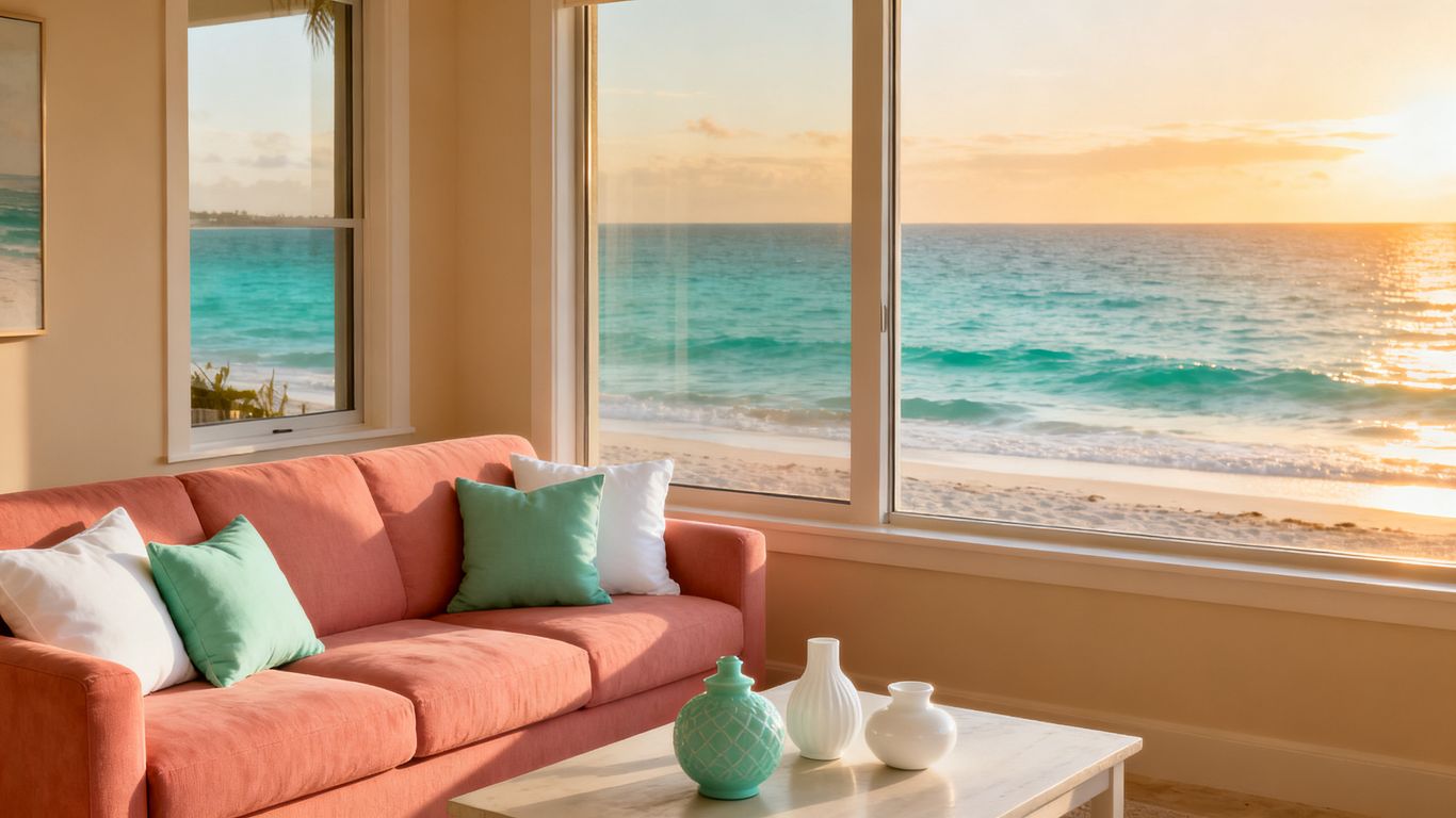 Bright coastal living room with ocean view and sandy colors.