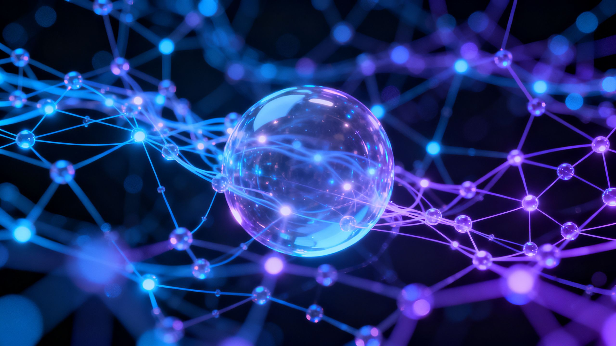 An abstract, glowing quantum computer core with interconnected light particles, representing the concepts of qubits and entanglement.
