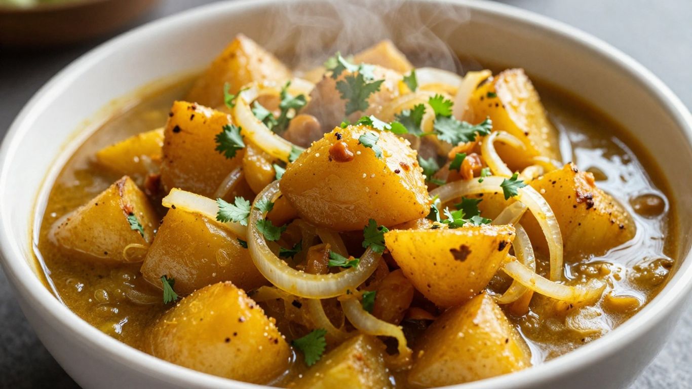 Bowl of Aloo Pyaz Sabzi with potatoes and onions.