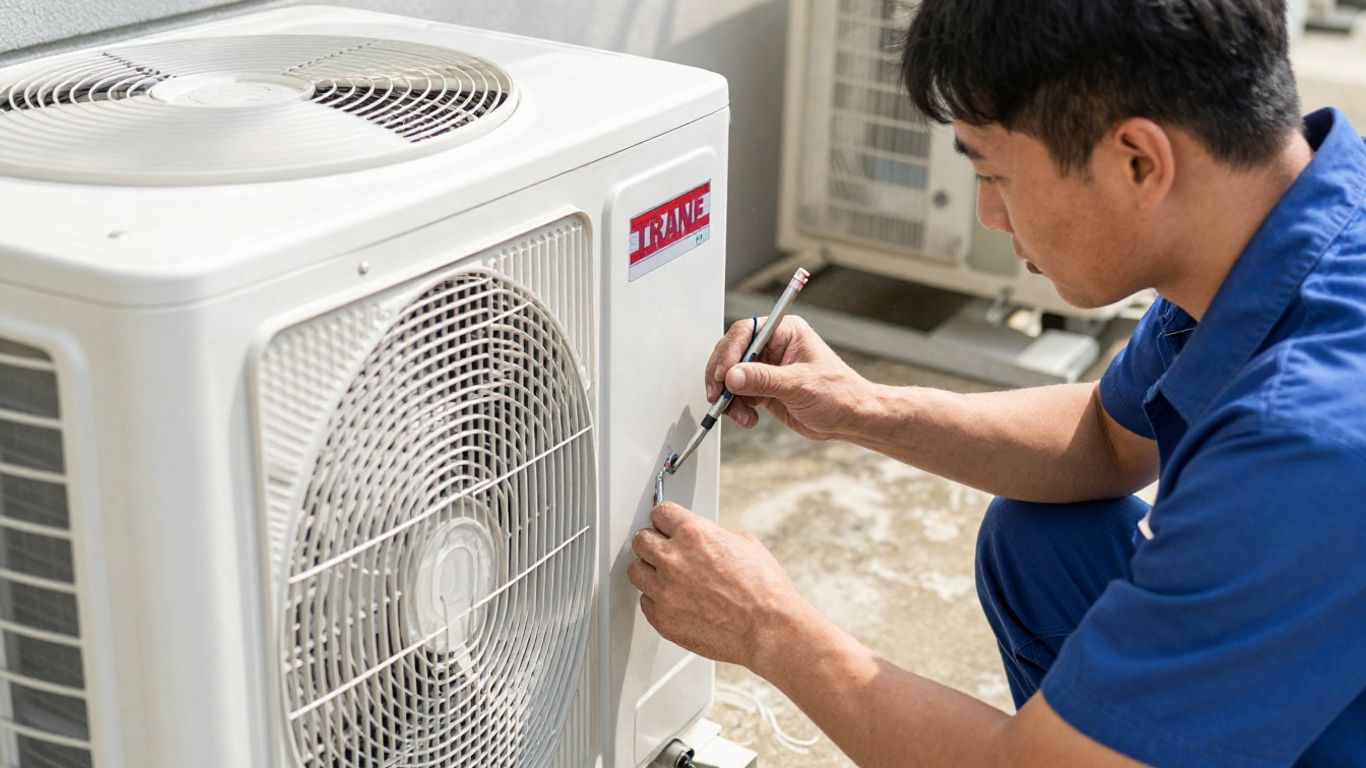 Trane AC repair technician fixing an outdoor unit.