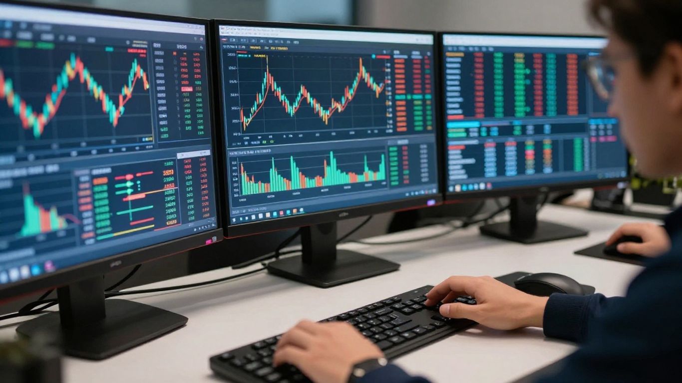 TradeStation trading platform interface on monitors.