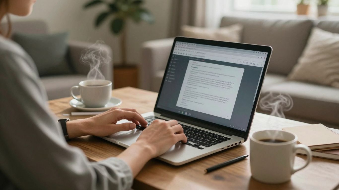Person working on laptop at home, earning money.