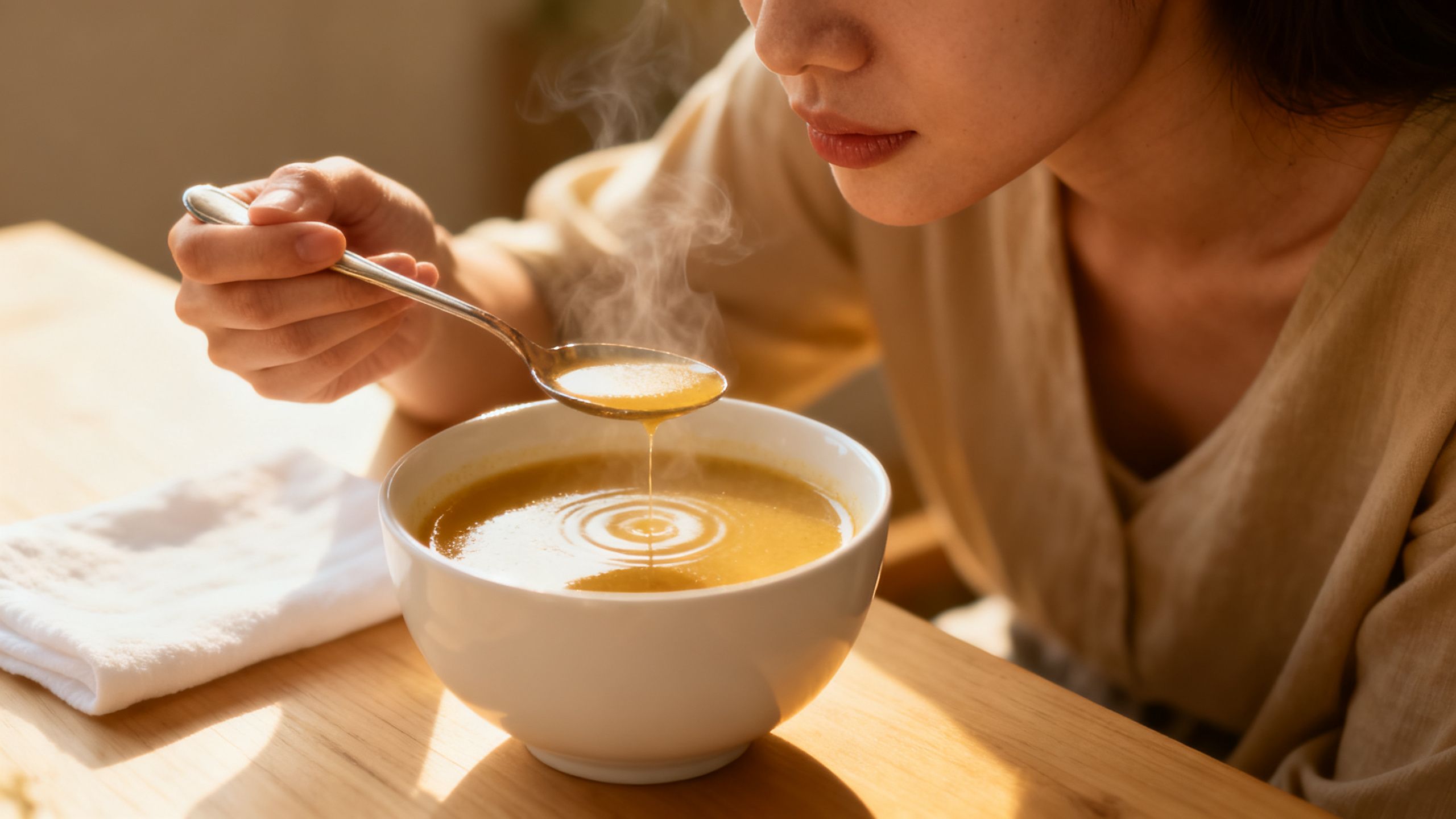 A person carefully eating a bowl of soup, illustrating the soft-food diet recommended after wisdom tooth removal.