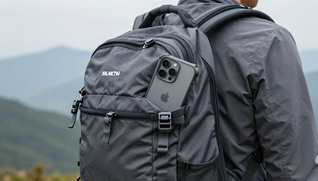 A hiker in the Blue Mountains taking a break, with their iPhone 16 Pro in a rugged, weatherproof case visible in the side pocket of their backpack.
