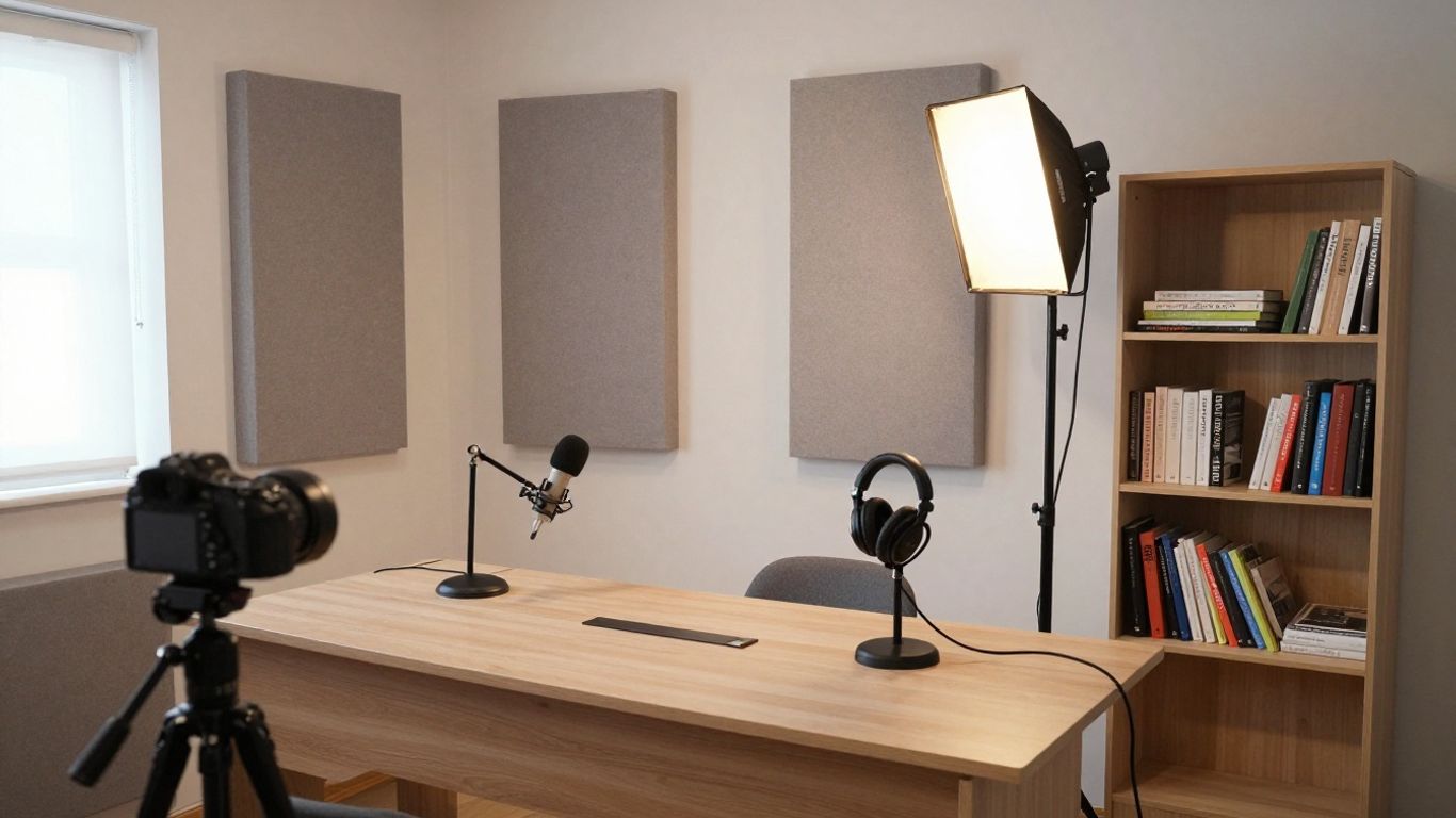 A compact home podcast studio with warm lighting