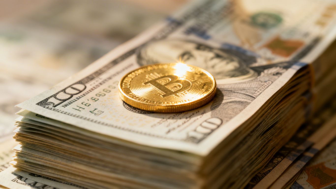 Stack of money with a gold coin on top.