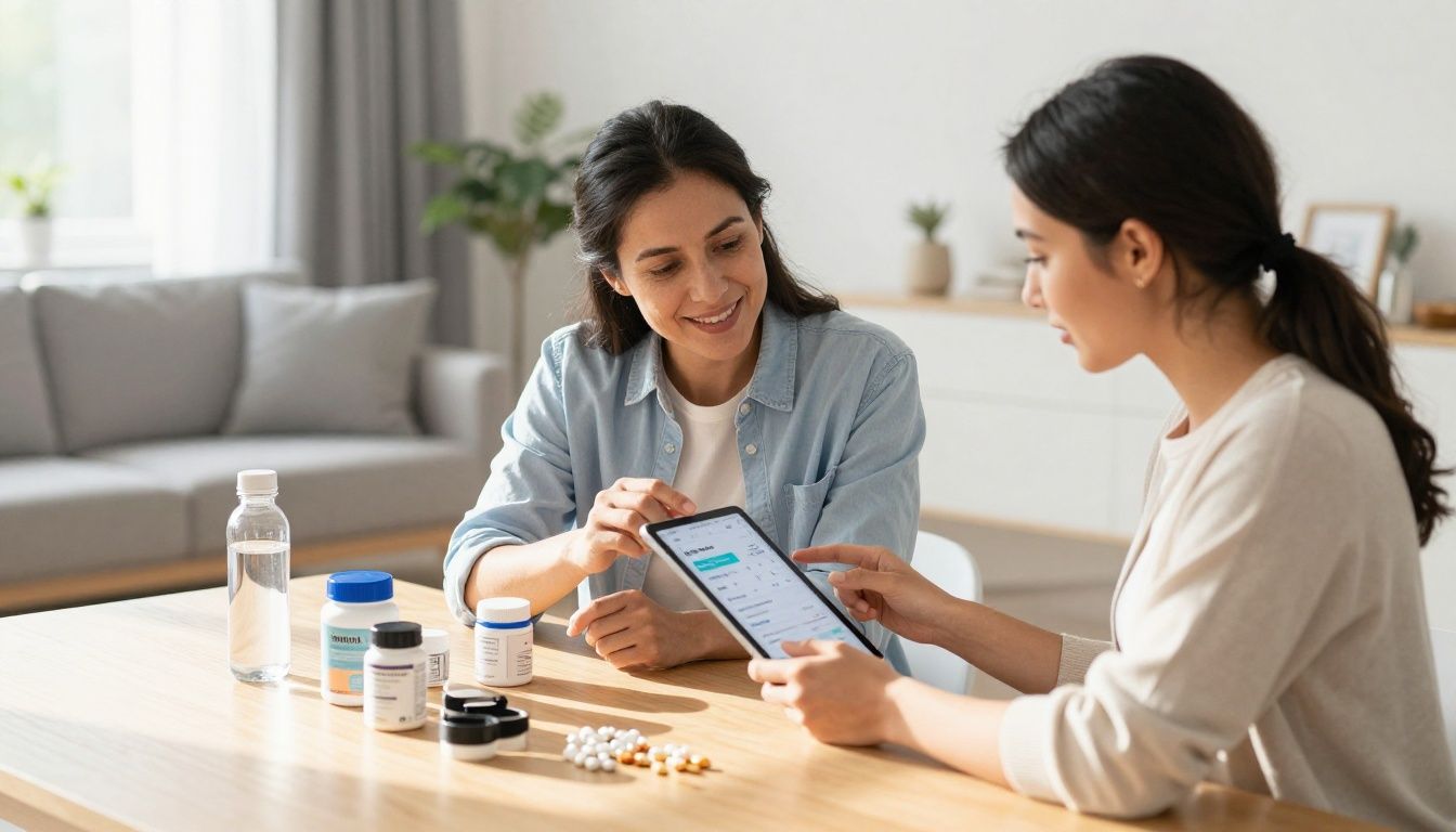 A diverse adult man and woman reviewing their health protocol and supplement stack in a modern, sunlit living room, using a health and peptide tracking app on a tablet with supplement containers, wearables, and a water bottle on the table.