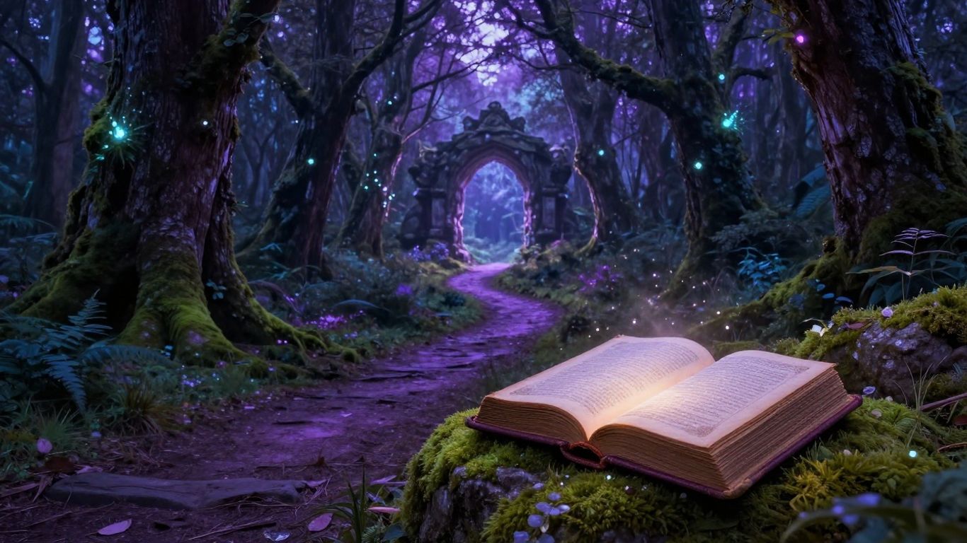 Fantasy ebook adventure path with glowing portal and ancient trees.