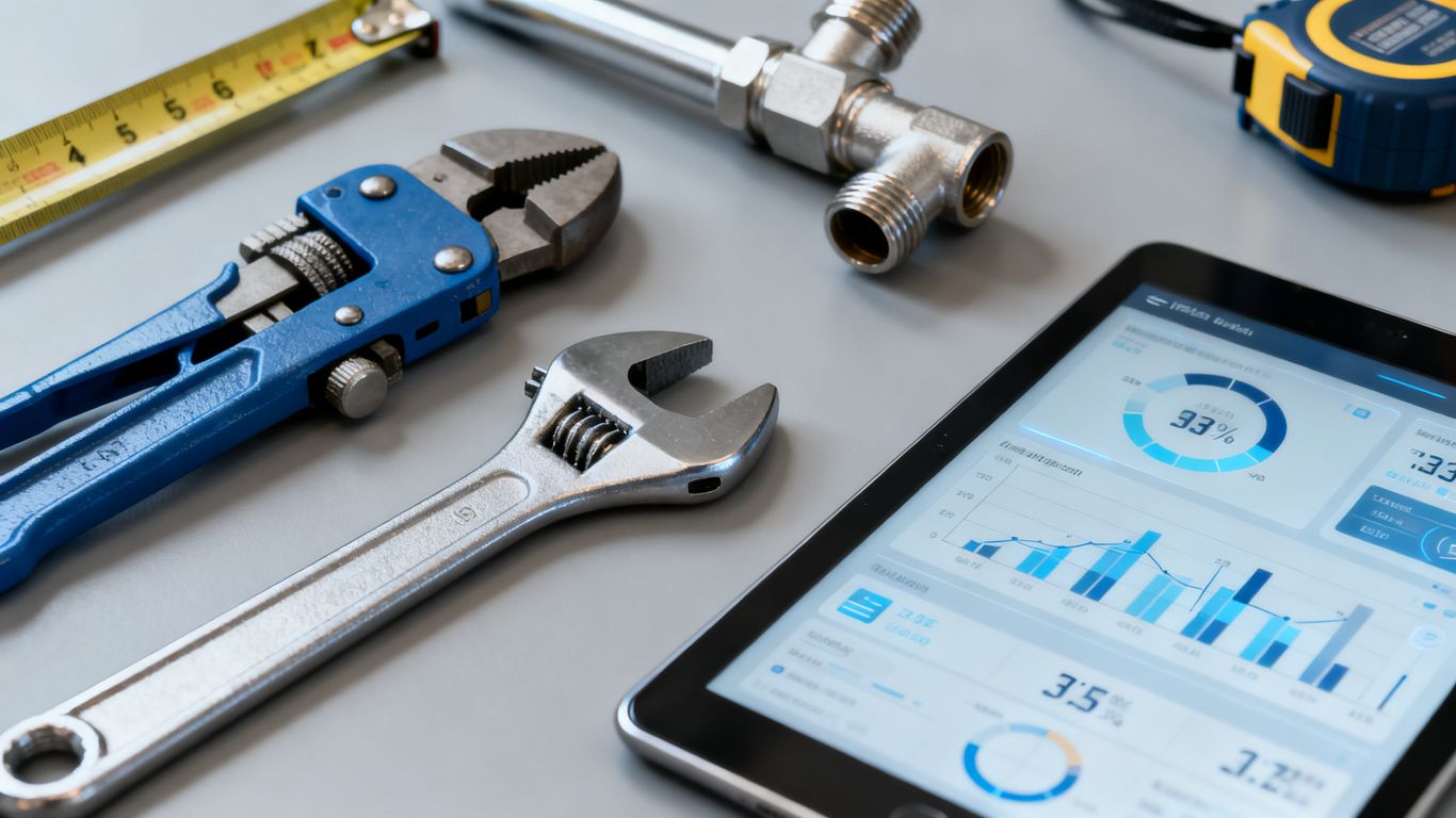 AI-generated image showing professional plumber tools and digital icons