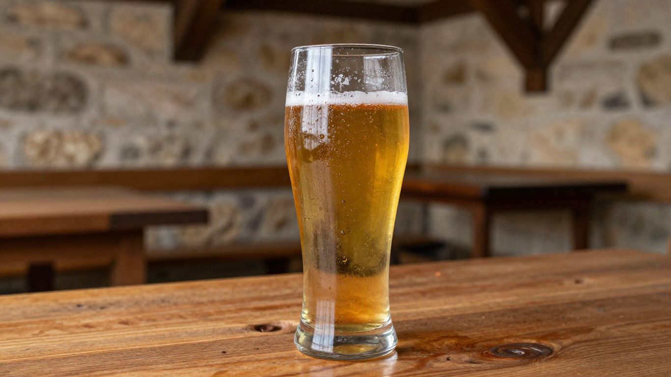 Glass of golden Bière de Garde beer on a table.
