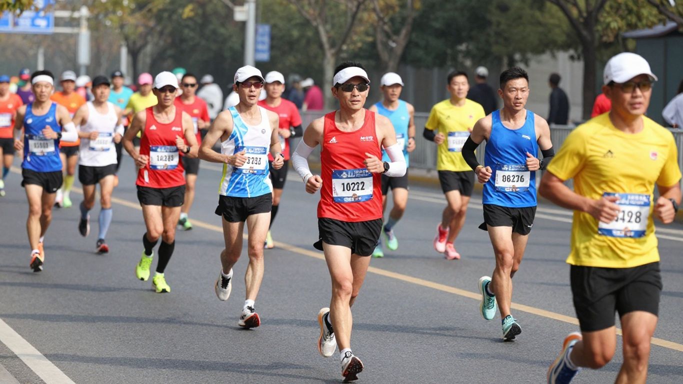 Marathon runners pacing on a sunny city street.