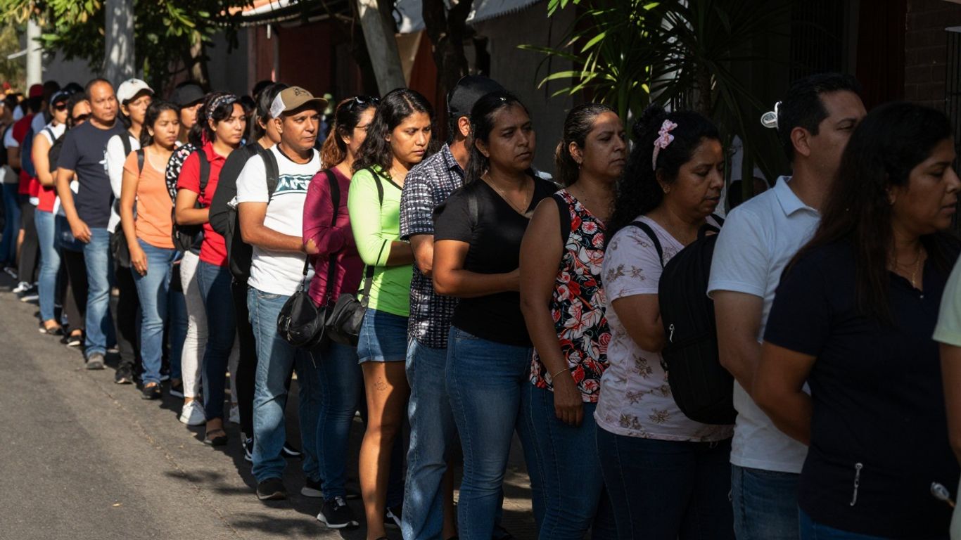 Coada lungă de oameni așteptând la rând.