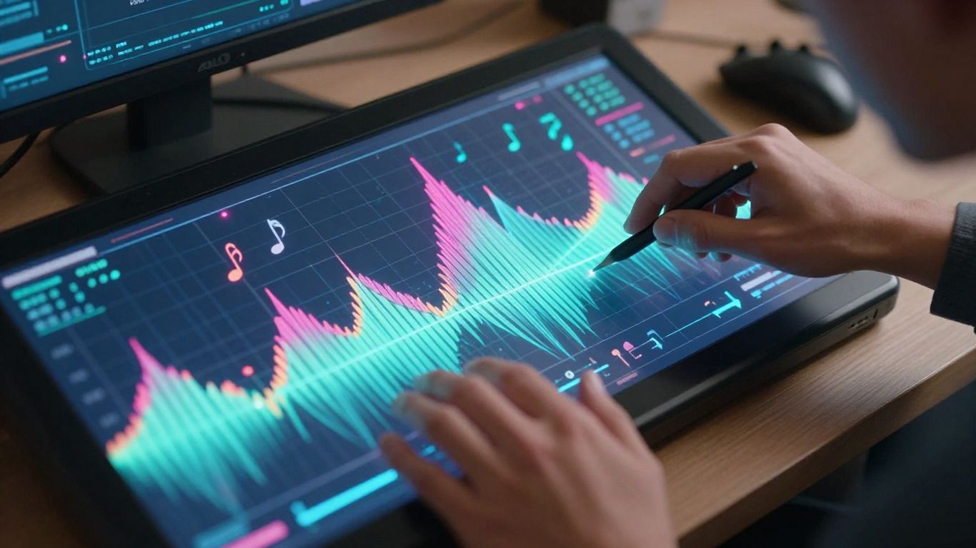 AI music creation interface with glowing sound waves.