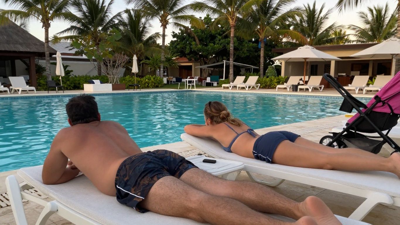 Couples relaxing beside a tropical resort pool