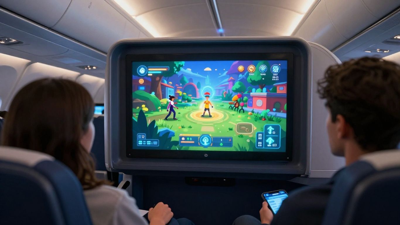 Passenger enjoying futuristic inflight entertainment game.