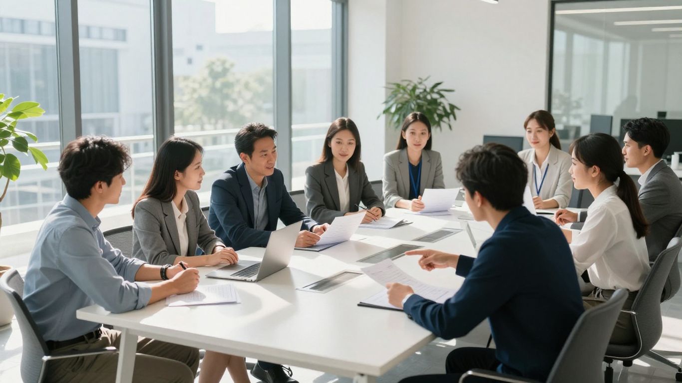 A diverse team collaborates in a bright office space
