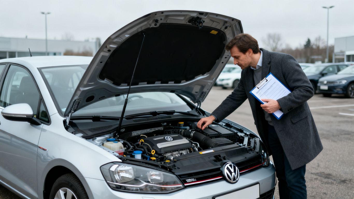 Käufer prüft den Motorraum eines gebrauchten Kleinwagens