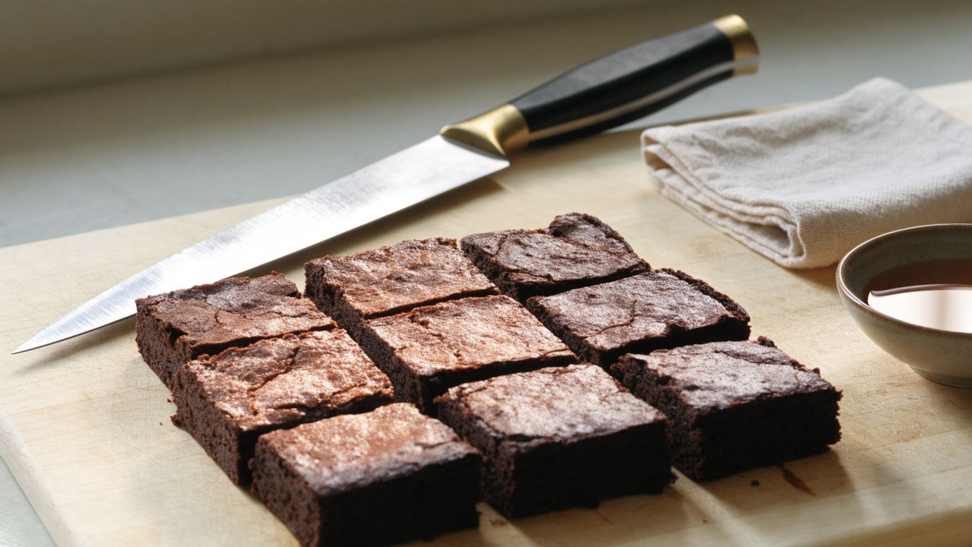 Sharp knife and brownie squares on a pale maple board