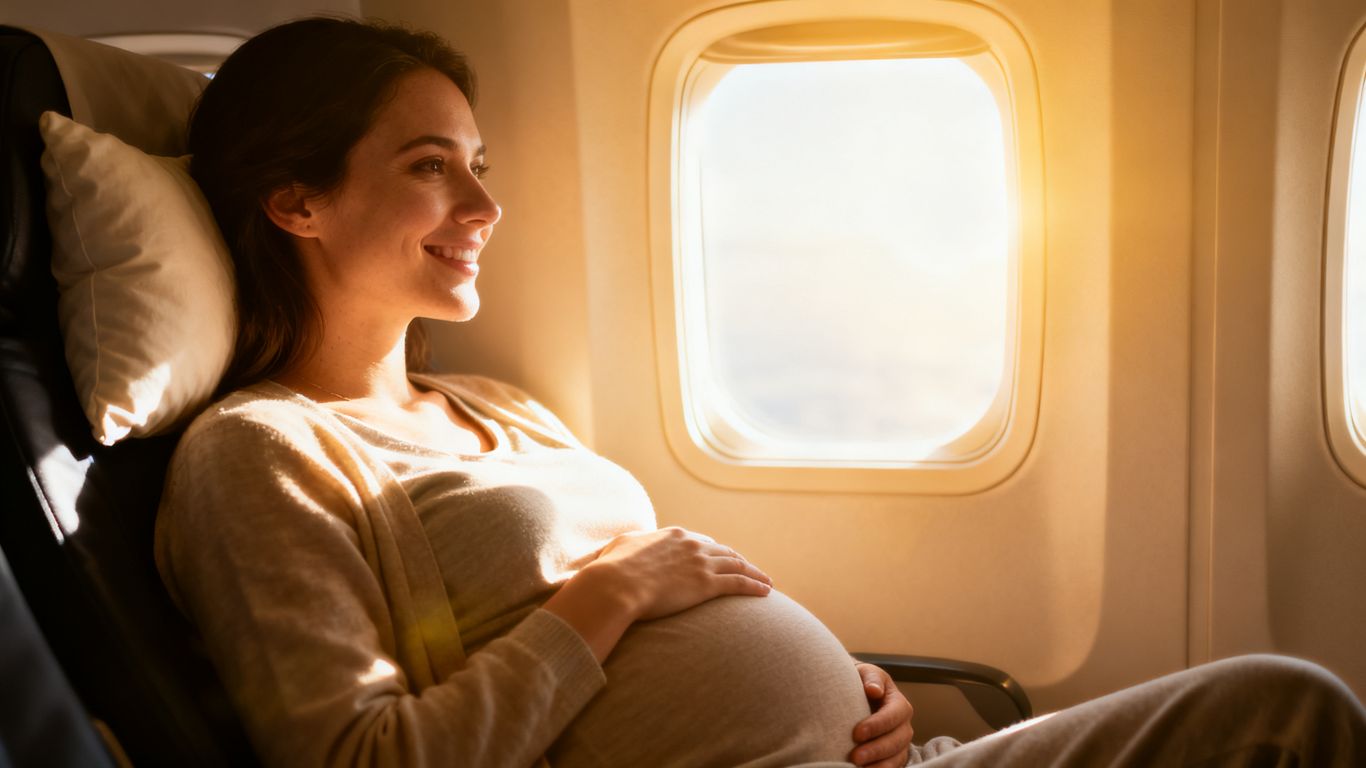 Pregnant woman relaxing on an airplane during travel.