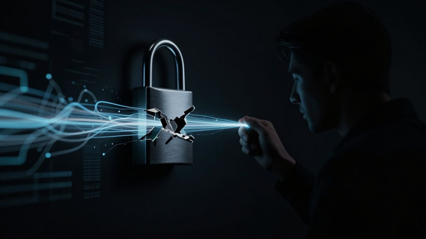 Broken digital lock with data flowing out.